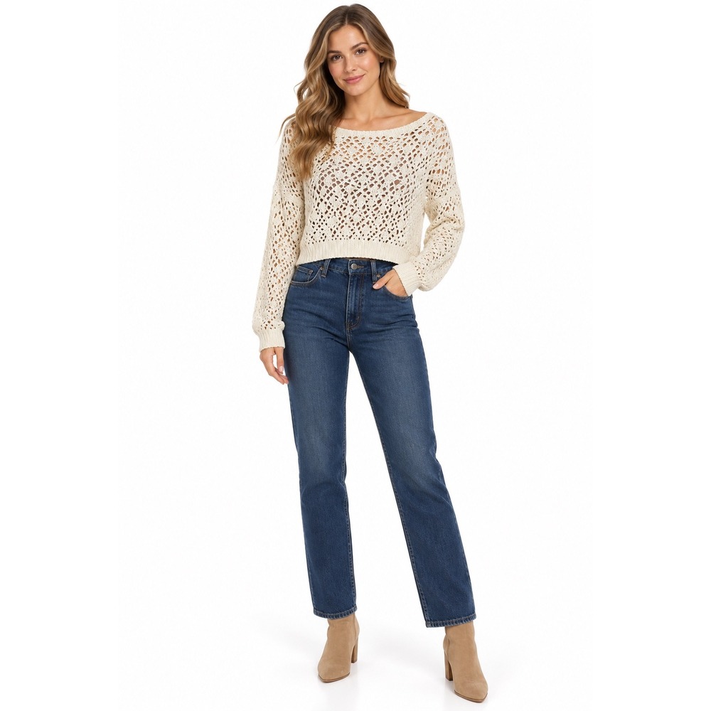 Jessica Simpson Open Knit Sweater Women S Beige Crochet Cropped Pullover Boho